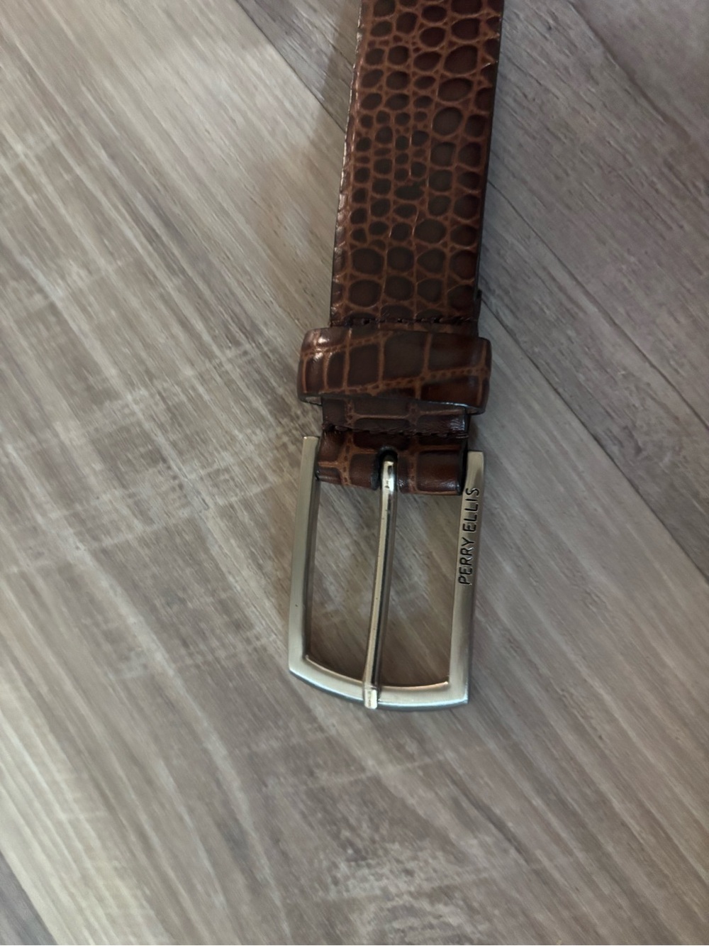 Perry Ellis Brown Croc-Embossed Leather Belt with Silver Buckle